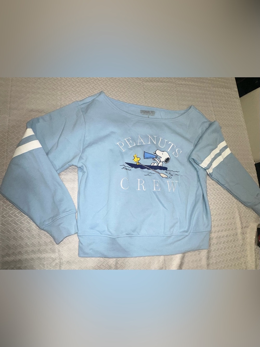 Peanuts Light Blue Sweatshirt with Snoopy & Woodstock Graphic; oversize neckline